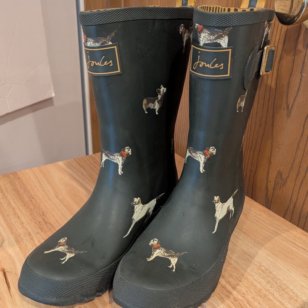 Joules Black Boots with Dog Pattern